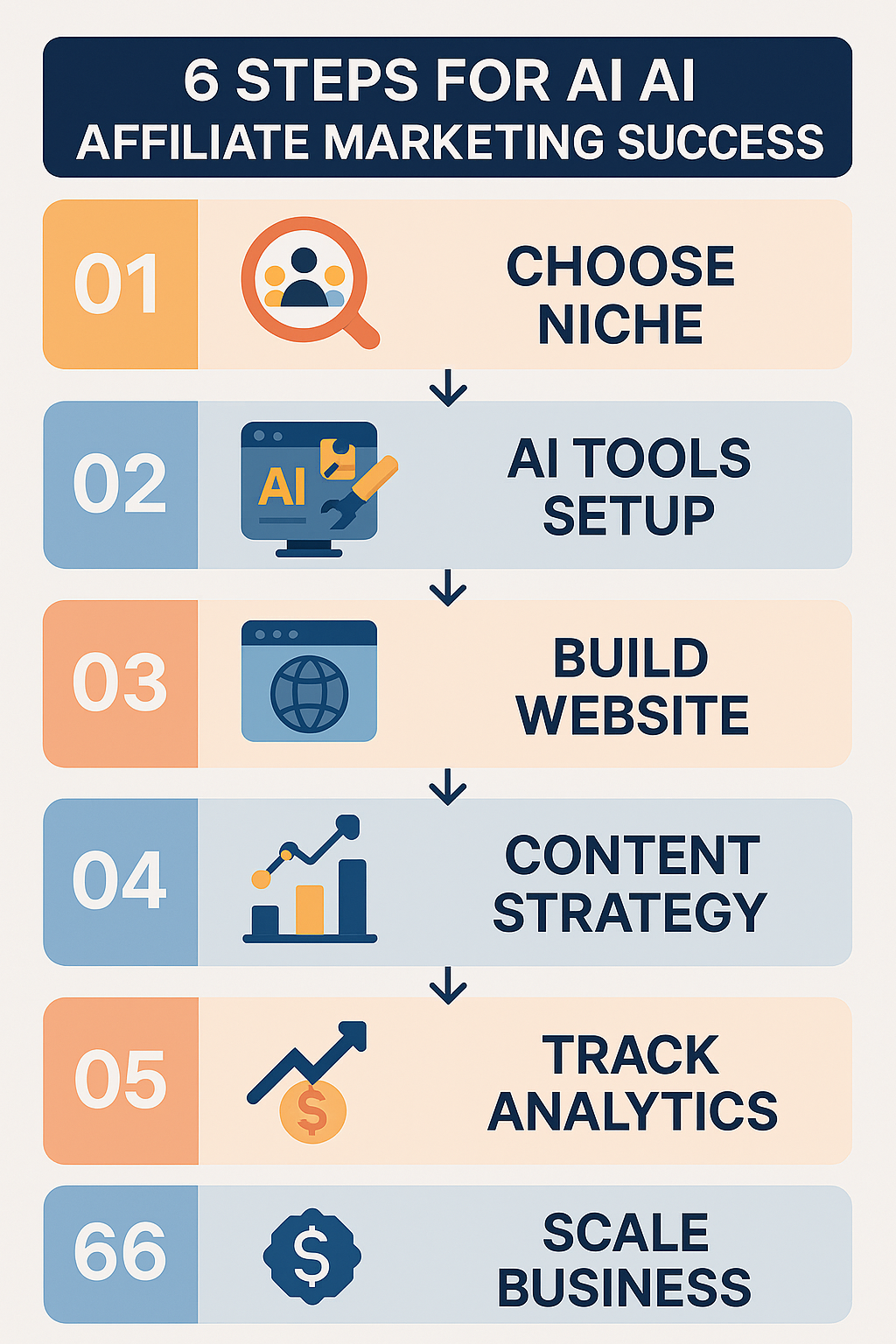 Complete 6-step AI affiliate marketing launch infographic