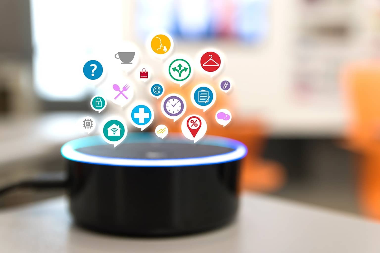 A smart speaker with a glowing blue ring represents AI voice assistants integrating into various aspects of daily life, indicated by floating icons.