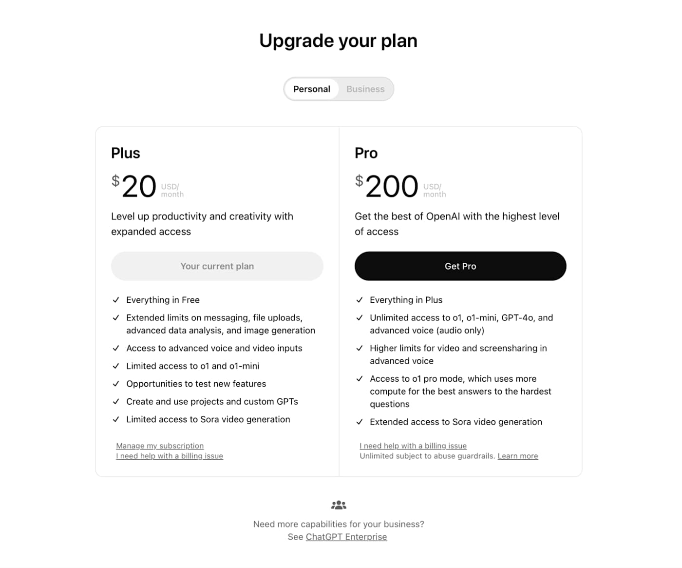 Subscription upgrade options for ChatGPT Plus and Pro plans.