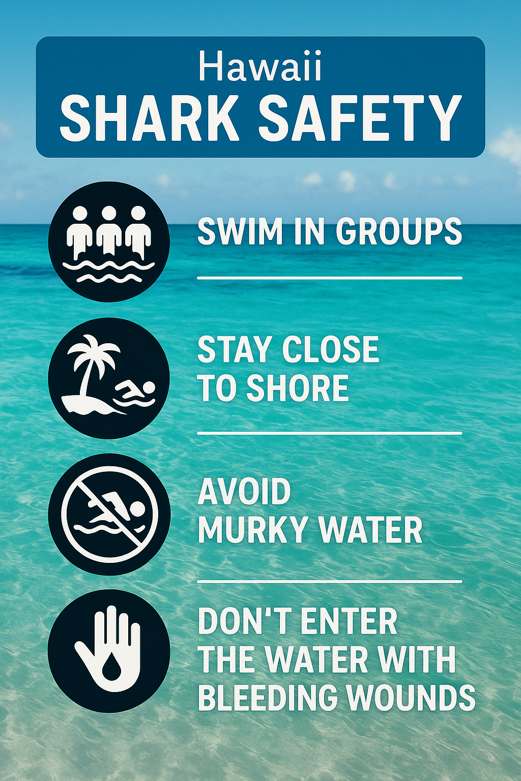 Educational shark safety tips infographic for Hawaii visitors