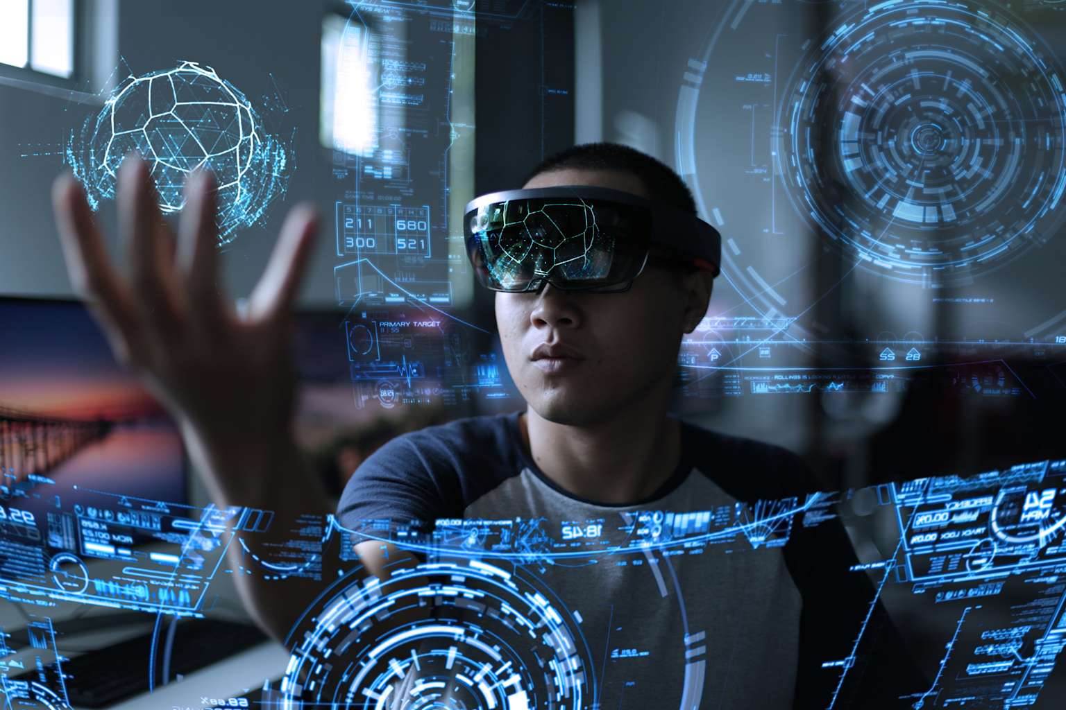 Man interacts with augmented reality display using AR glasses