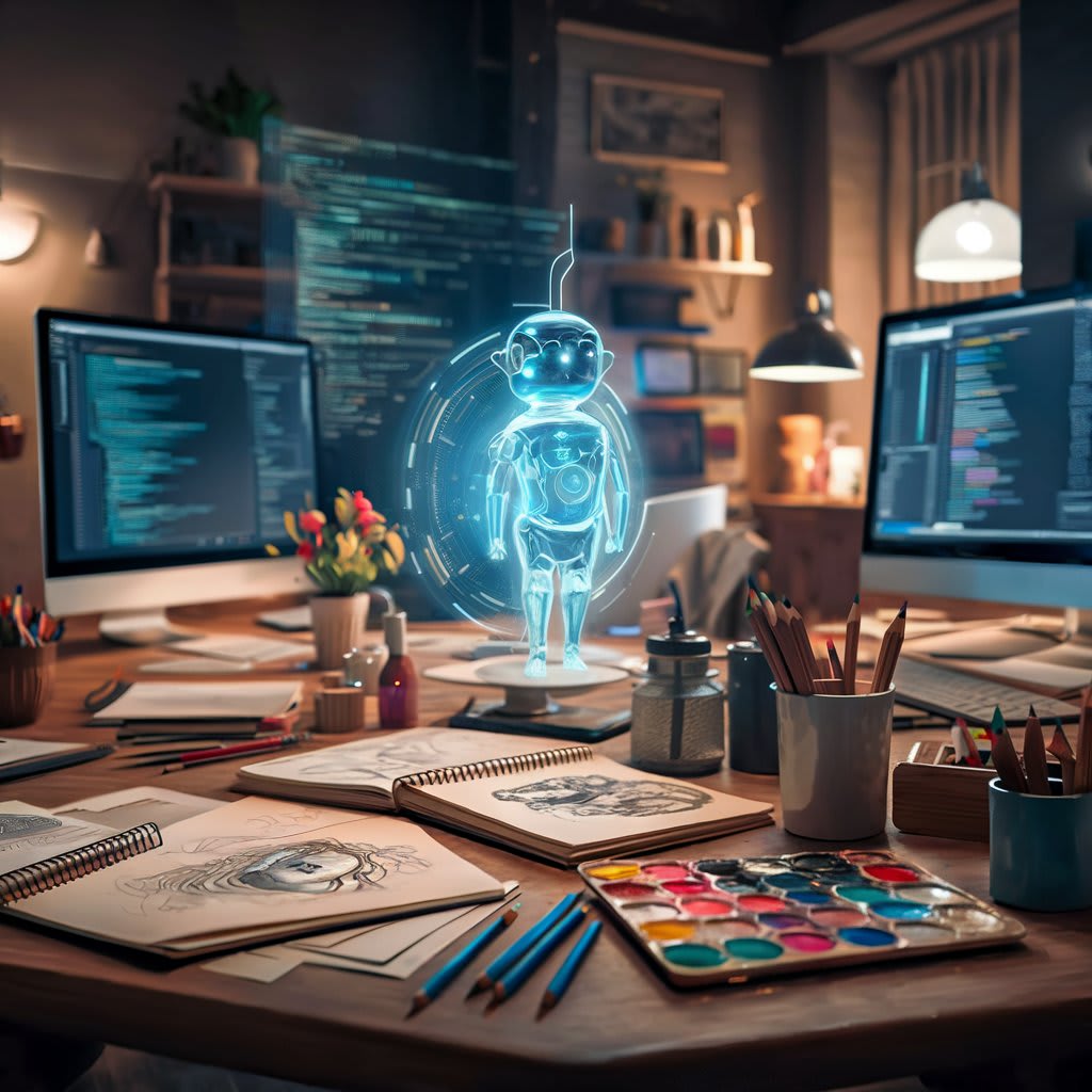 A holographic AI figure illuminates a creative workspace, symbolizing the integration of AI with traditional art forms and digital content creation.