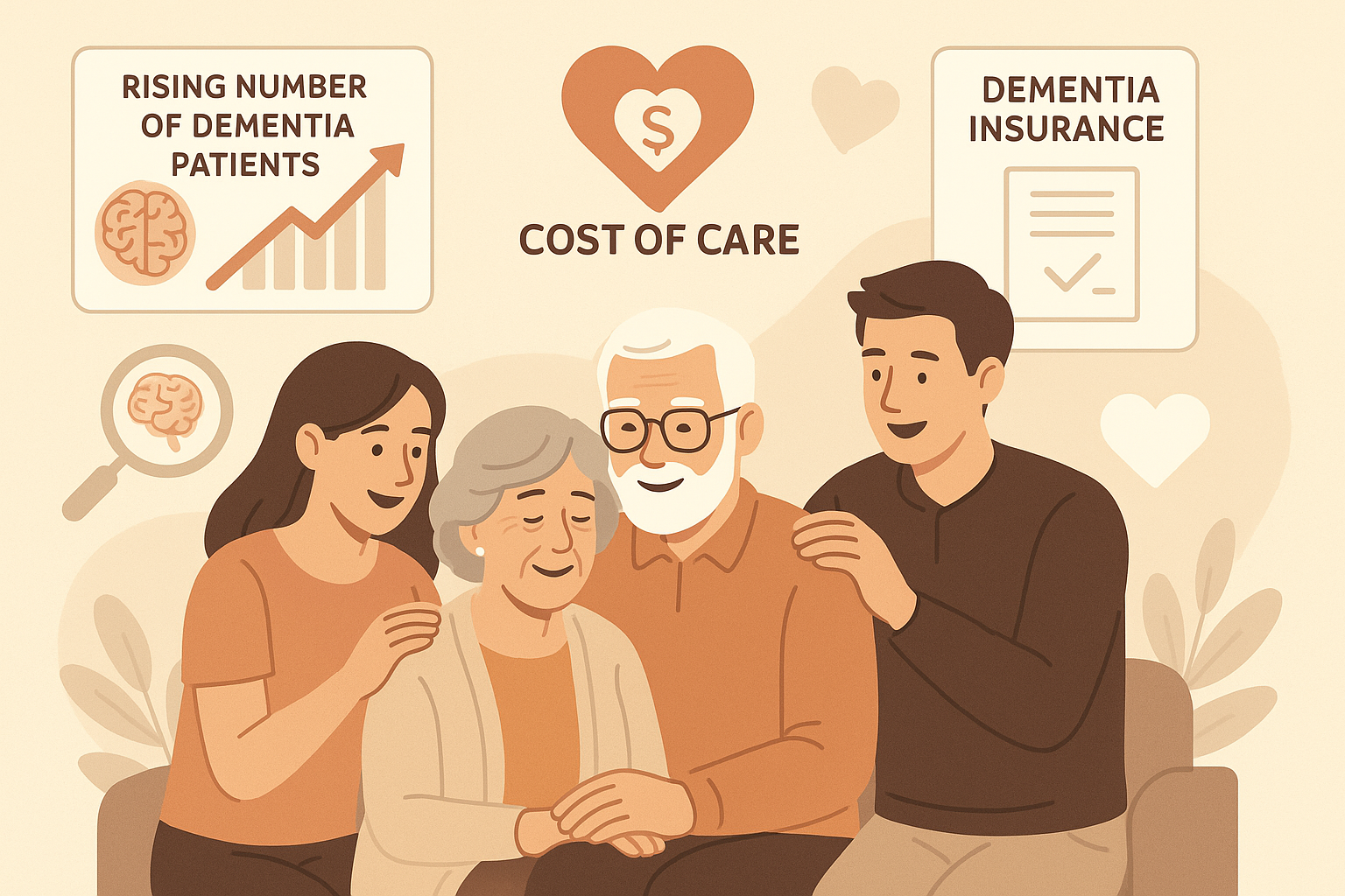 Infographic image showing the importance of dementia insurance with family and icons.