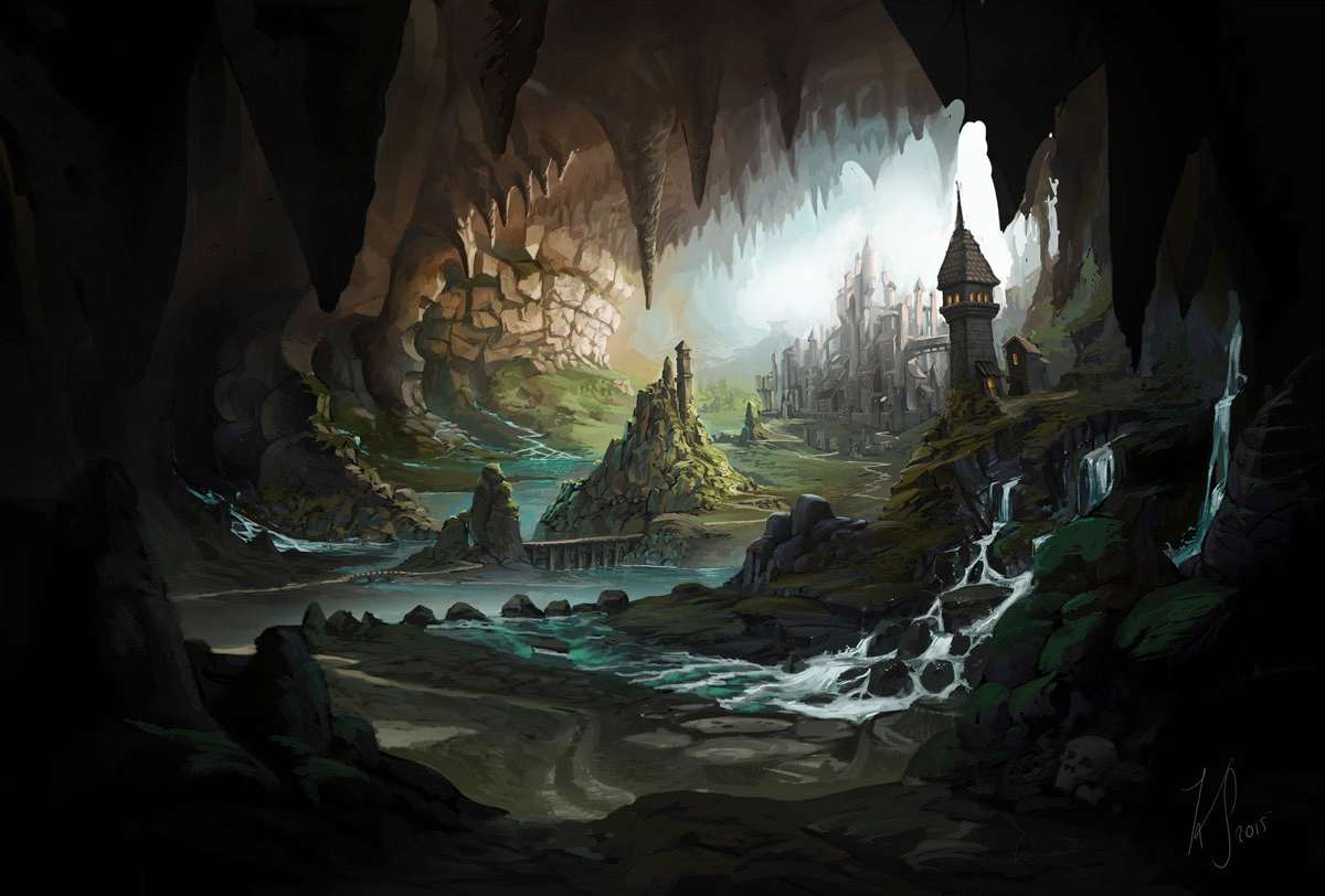 A vivid concept art illustration depicting a hidden underground city within a vast cavern, reminiscent of mythical subterranean kingdoms.