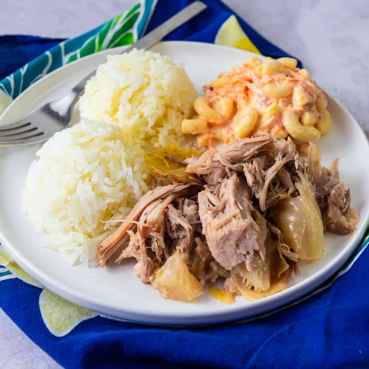 Hawaiian plate lunch with rice, pork, and macaroni salad