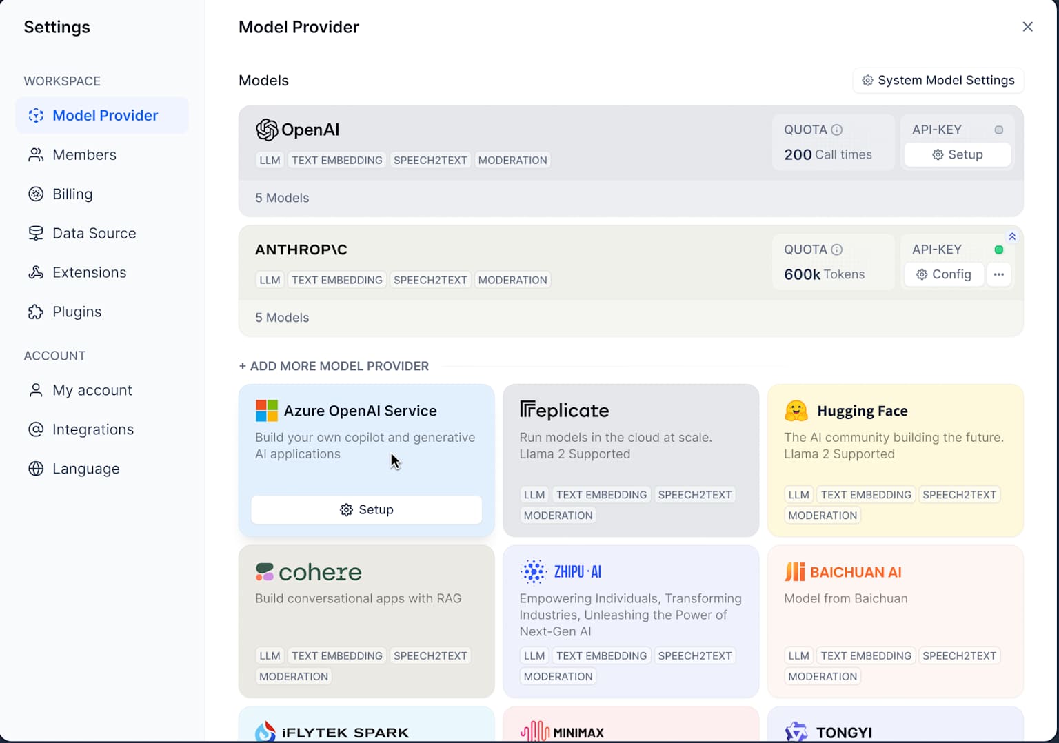 Dify's model provider settings interface showing supported AI models.