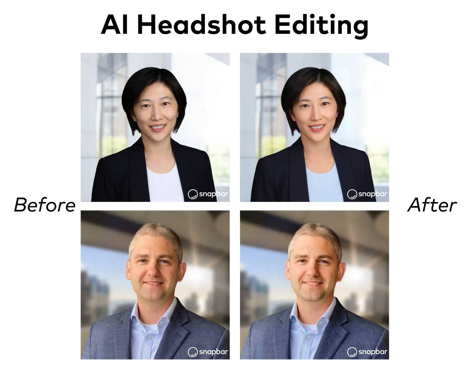 Comparison of headshots before and after AI-based editing showing enhancements in lighting and color
