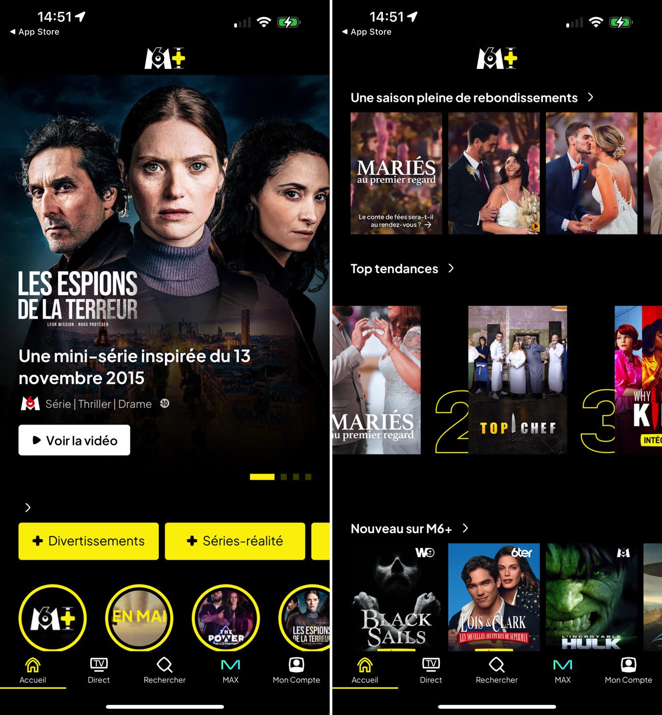 Interface of M6+ streaming application on a mobile device