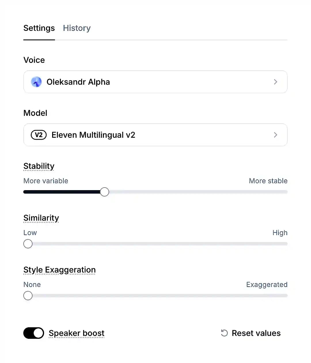 ElevenLabs settings showing voice, model, stability, similarity, and style exaggeration options