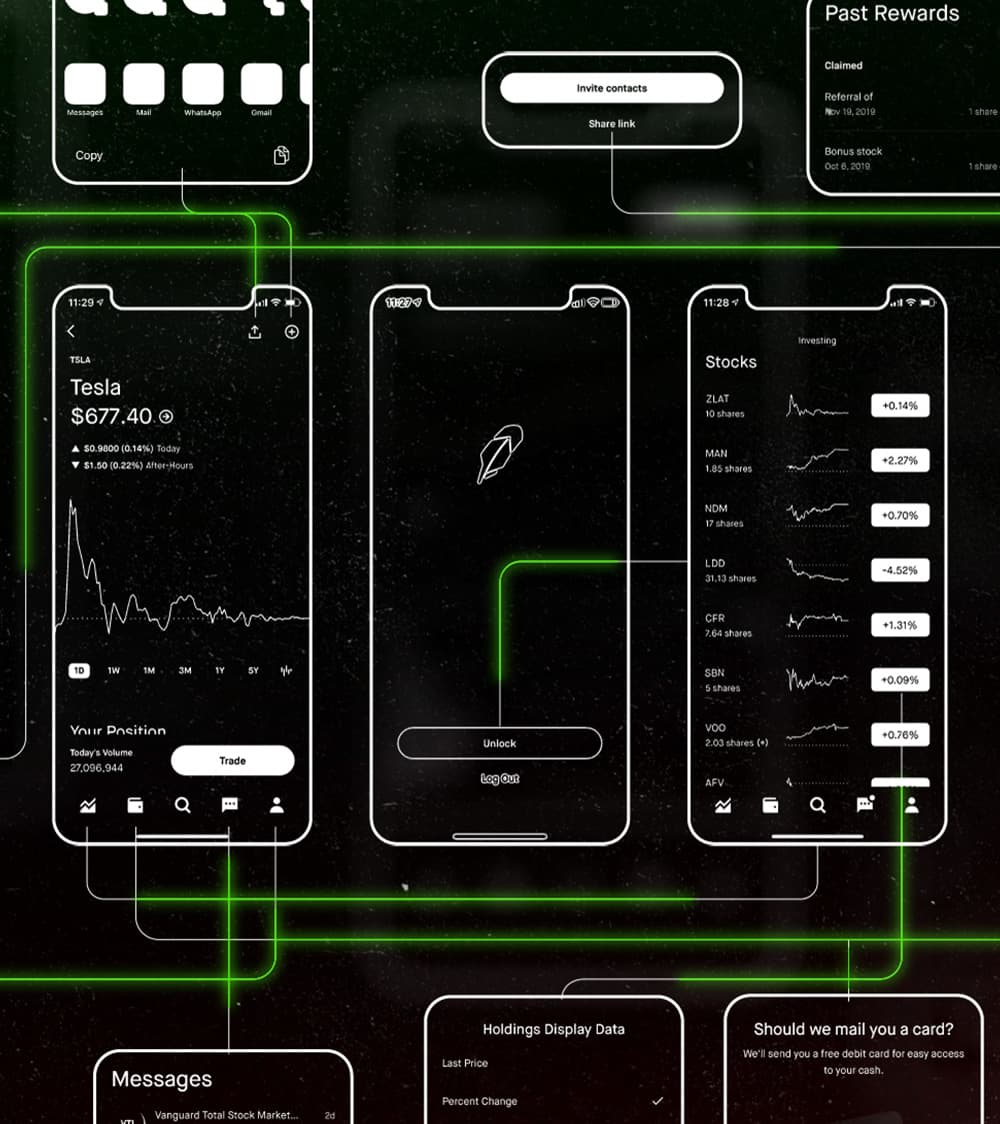 A composite illustration displaying various user interface elements and functionalities of the Robinhood mobile trading application