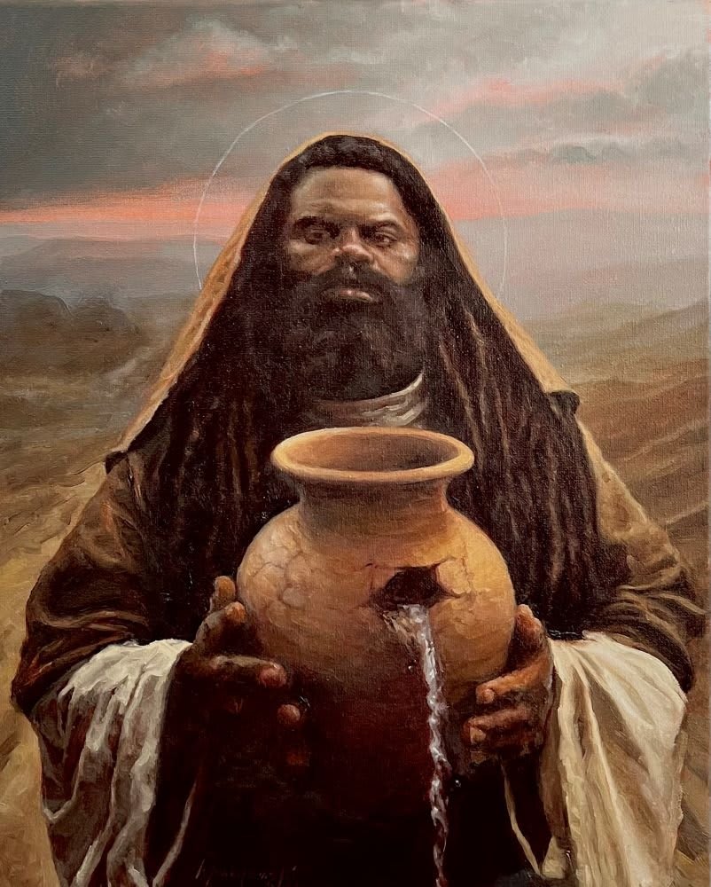 Oil painting of Saint Moses the Black holding a cracked jar