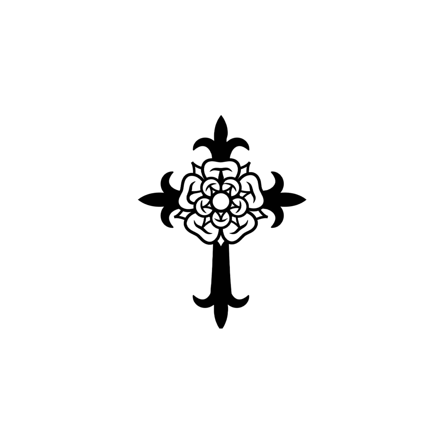 Black and white illustration of a rose cross symbol associated with Rosicrucianism and alchemy
