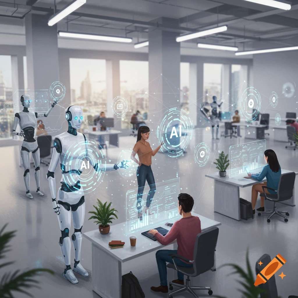 Humans and AI robots collaborating in a modern office environment.