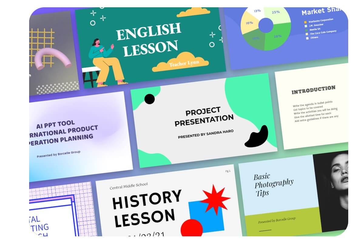Examples of presentation slides designed using an AI tool.