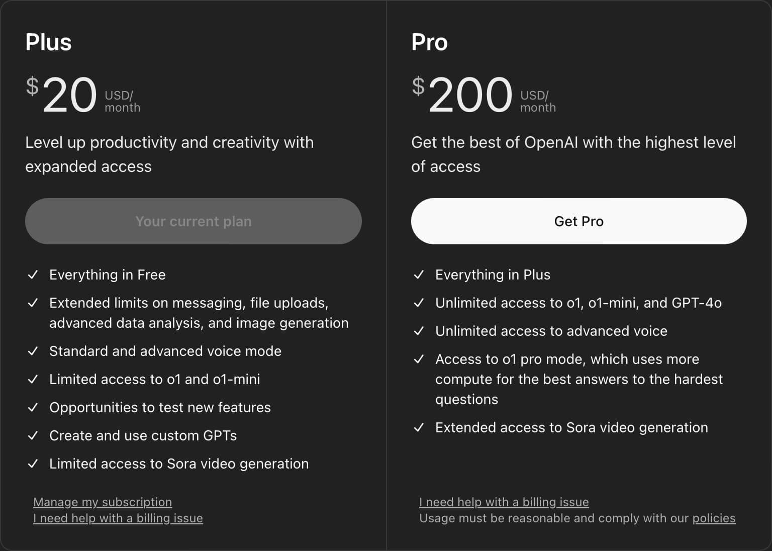 Comparison of ChatGPT Plus and Pro subscription plans
