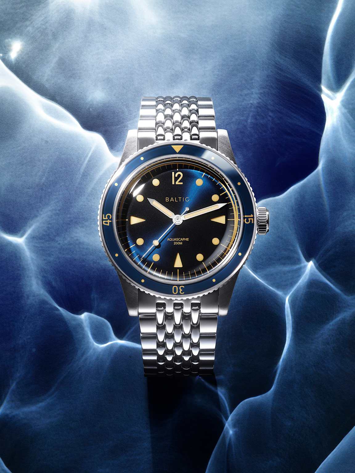 A Baltic Aquascaphe Classic Blue Gilt dive watch with its signature blue dial and "beads of rice" bracelet