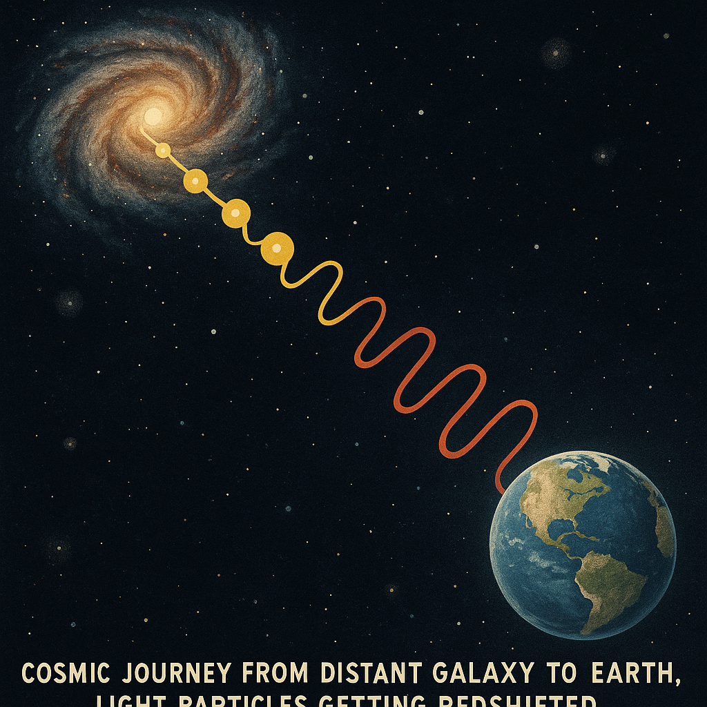 Ilustração científica do conceito de fótons perdendo energia ao viajar pelo espaço cósmico