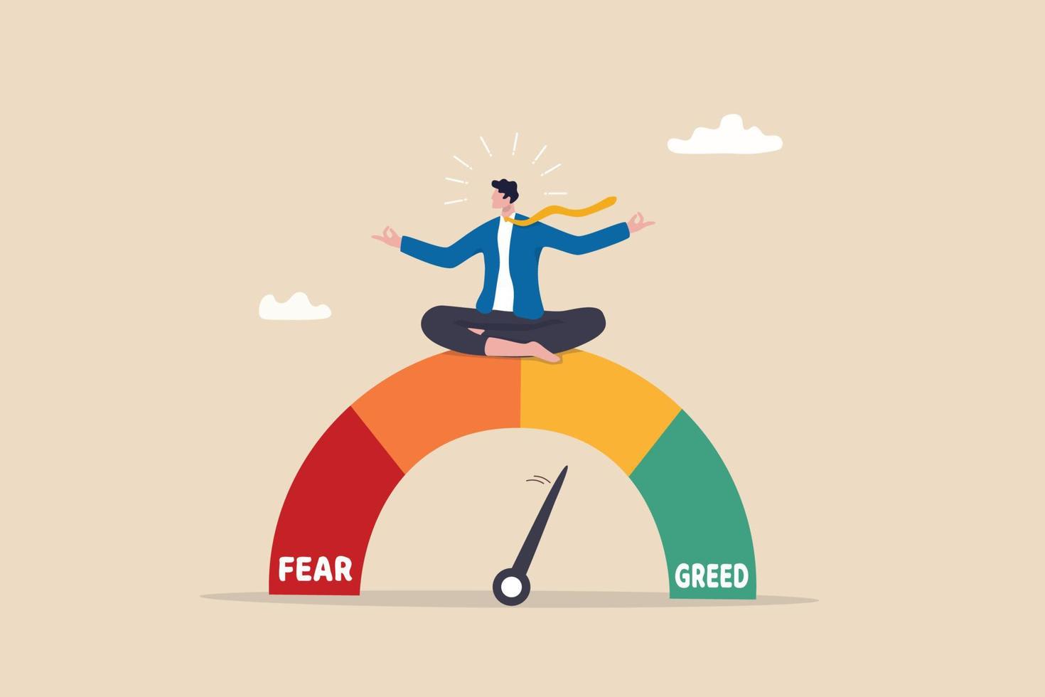 An illustration of an investor meditating on a fear and greed meter, symbolizing emotional balance in trading