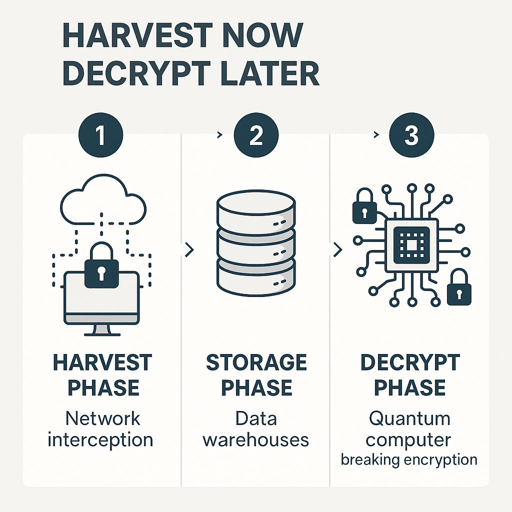 The three phases of a harvest now, decrypt later attack.