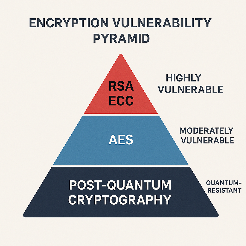 Encryption vulnerability pyramid showing different encryption levels against quantum computing attacks.