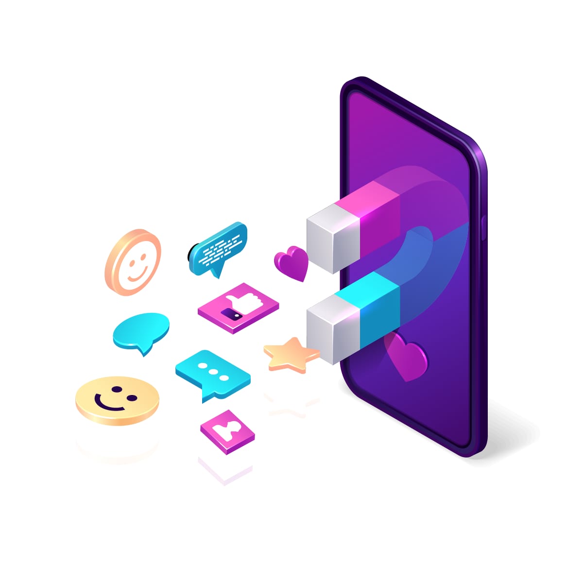 A magnet attracting social media icons to a cell phone.