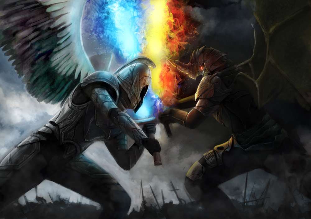 A visual representation of a battle between light and darkness.