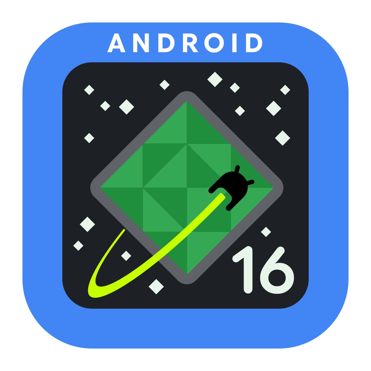 Android 16 graphic with spaceship flying to green square
