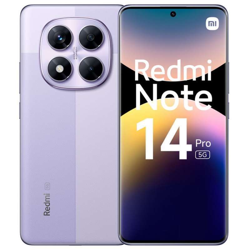 A Xiaomi Redmi Note 14 Pro 5G smartphone in light purple.