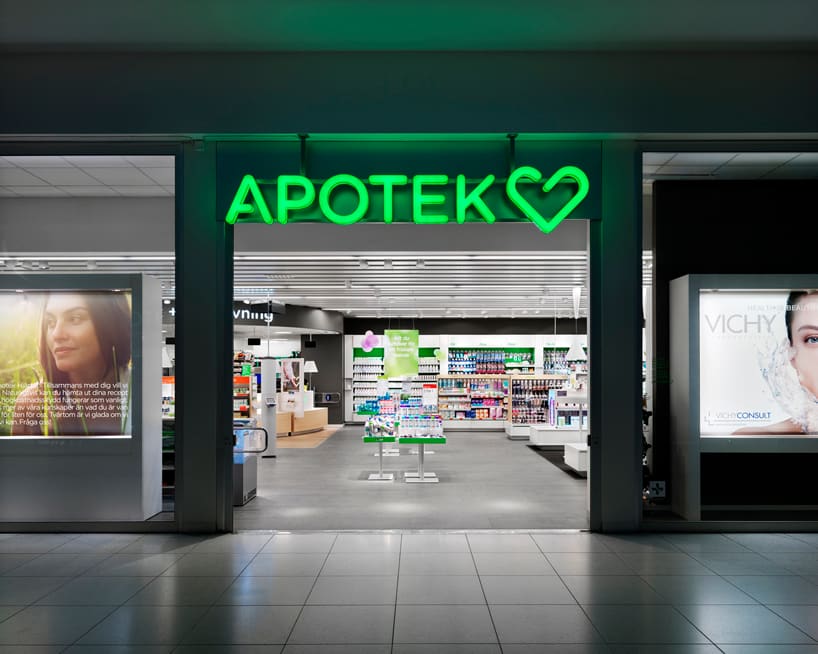 Entrance to an Apotek Hj&auml;rtat pharmacy in Sweden