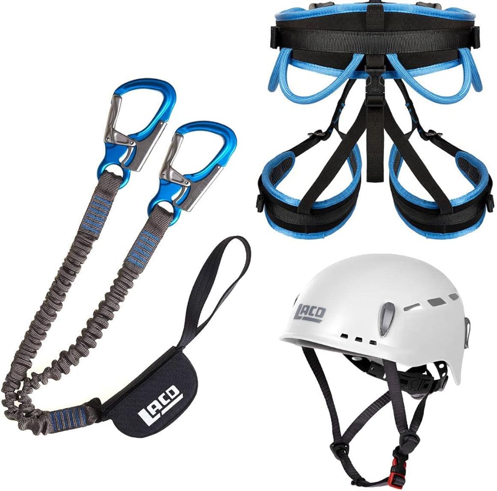 Essential Via Ferrata Gear: Harness, helmet, and lanyard with carabiners