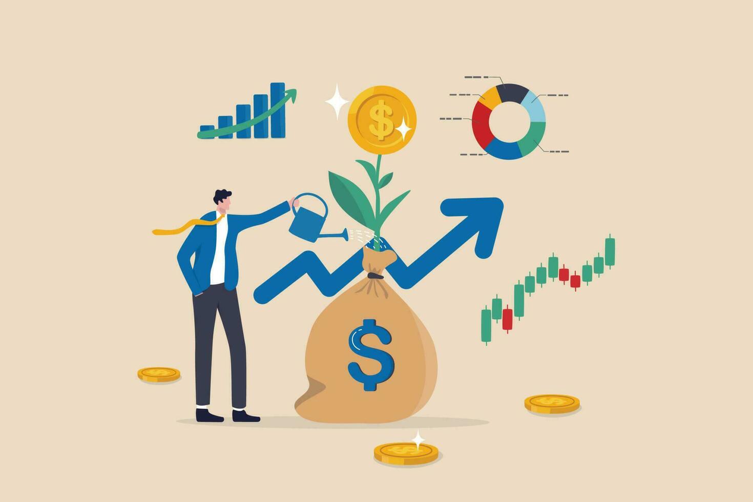 Illustration of financial growth showing a person watering a money plant with rising investment charts and golden coins around