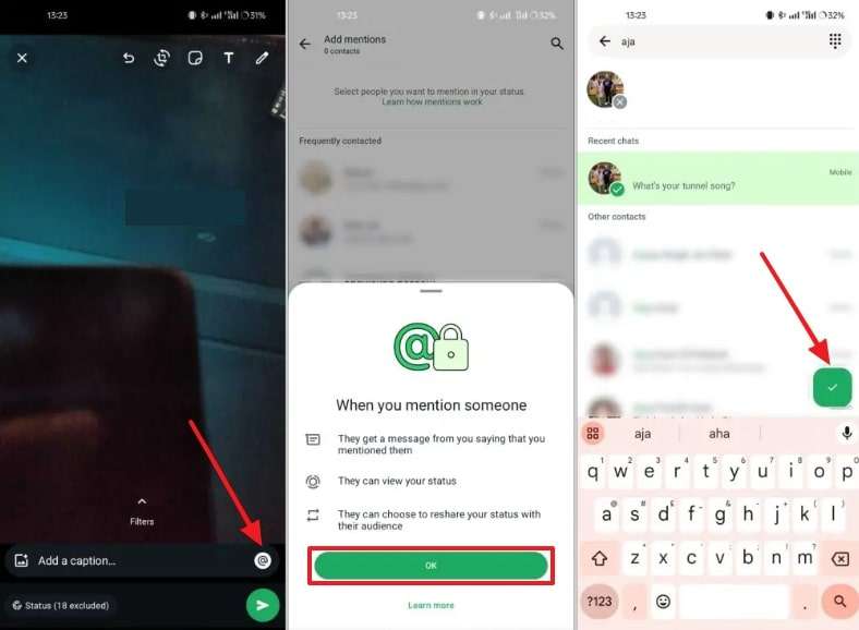 Steps to mention someone in a WhatsApp status on WhatsApp.