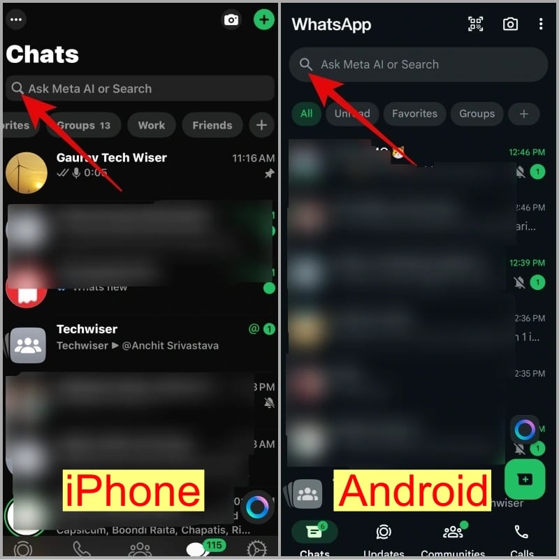 Comparison of the WhatsApp interface on iPhone and Android.