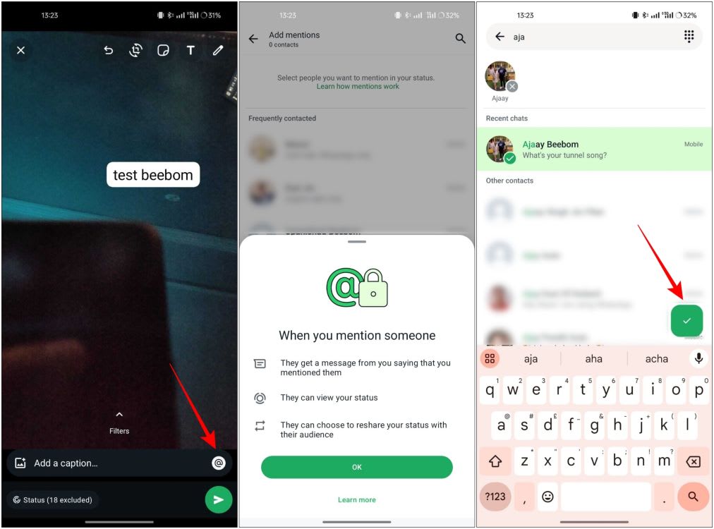 A step-by-step guide to tagging someone in a WhatsApp status.
