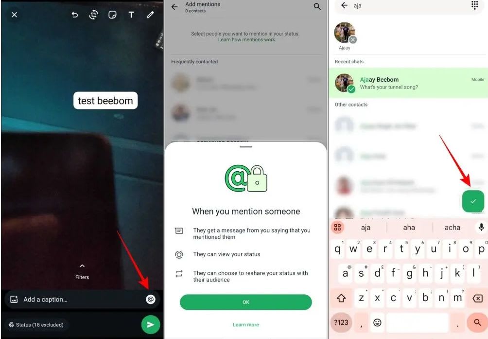 Steps to mention someone in a WhatsApp status update.