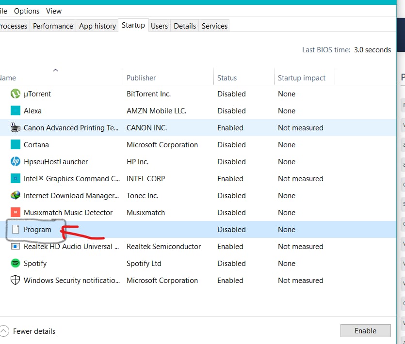 Windows 10 Task Manager showing startup programs that can be disabled to improve boot time.