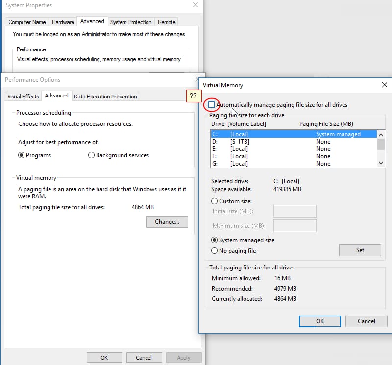 Virtual memory settings in Windows 10, showing paging file size configuration.
