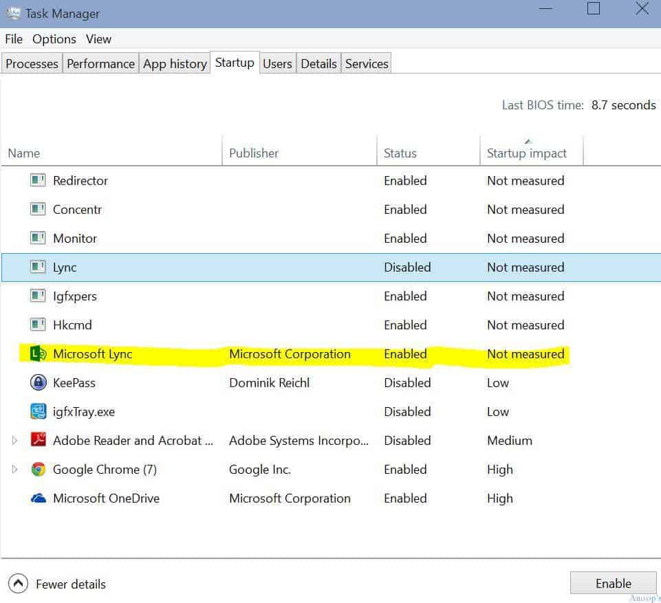 Startup programs in Windows Task Manager, which can be disabled to improve boot times.