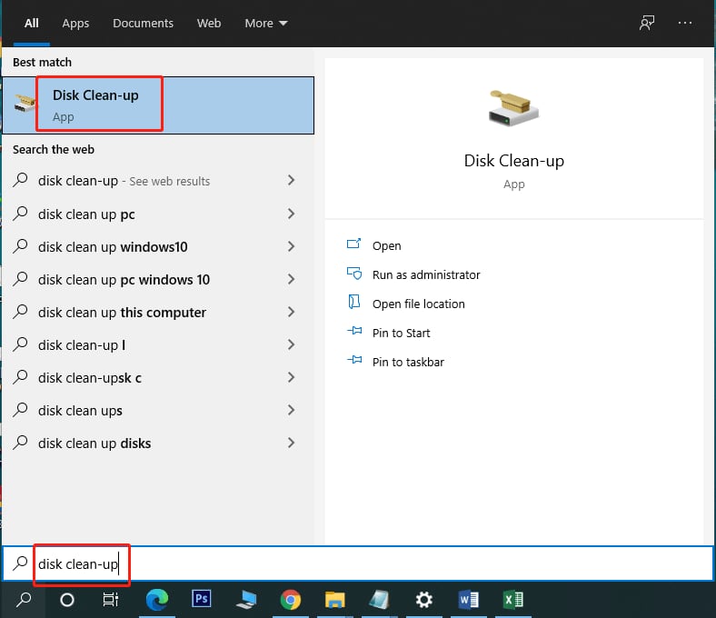 Accessing the disk clean-up utility in Windows 10