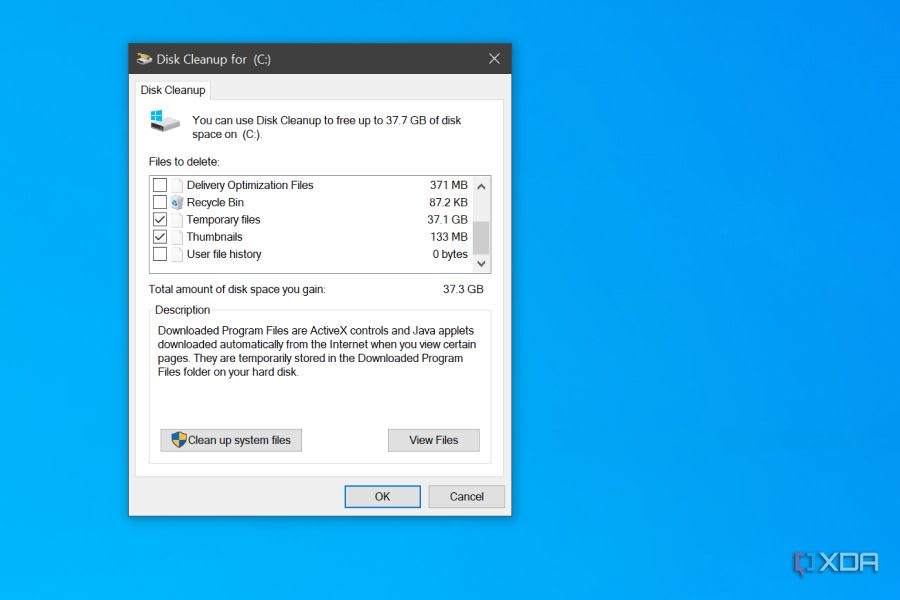 Disk Cleanup utility in Windows 10, showing different file categories that can be deleted to free up disk space.