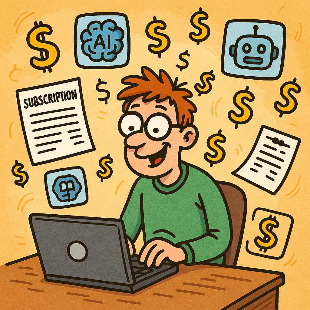 Programador cercado por ícones de IA e contas de assinatura