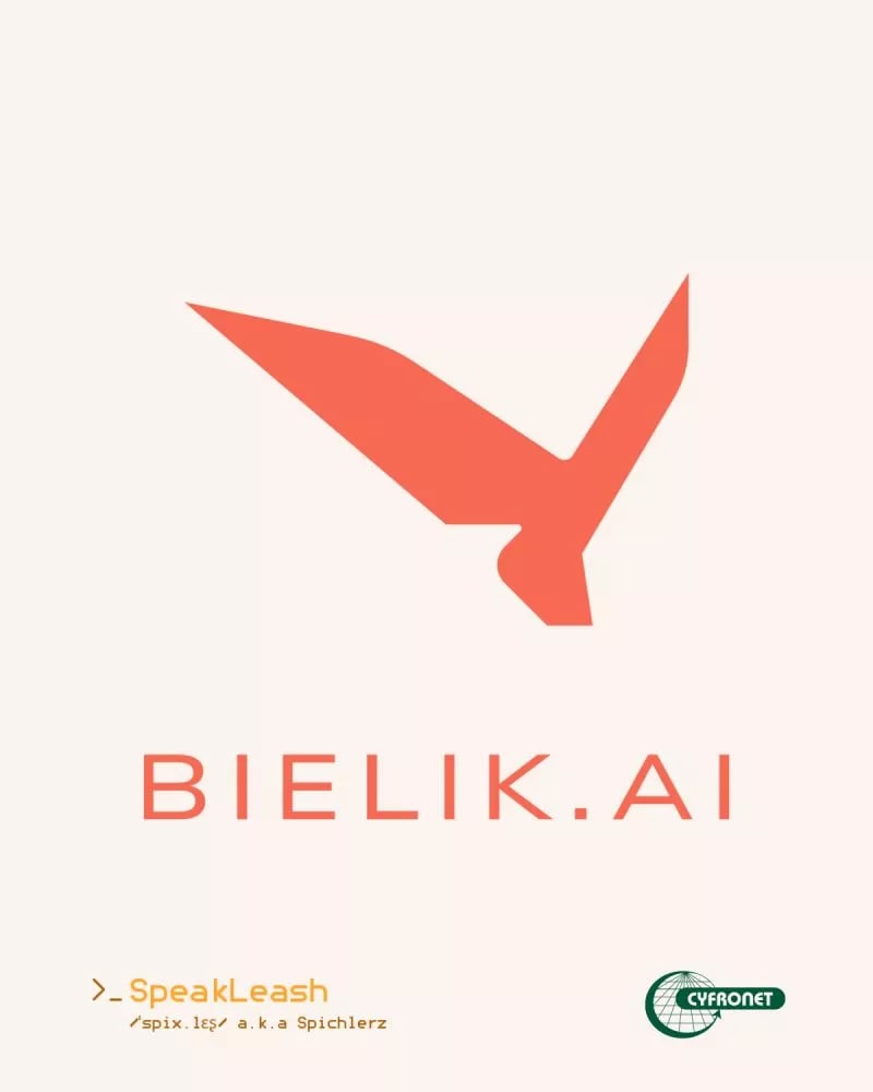 Logo for BIELIK.AI, a Polish language model, featuring its distinct red bird-like emblem and associated with SpeakLeash and Cyfronet