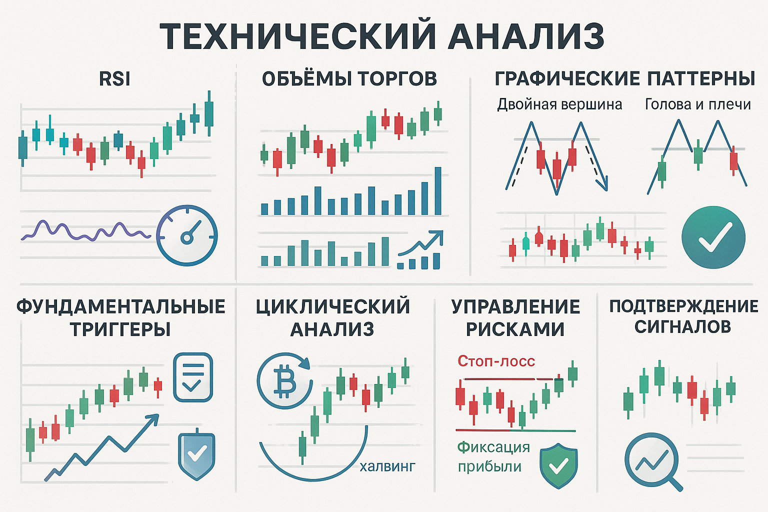 Алгоритм прогнозирования падений биткоина (Поймут не все) Инфографика технического анализа с ключевыми индикаторами и стратегиями