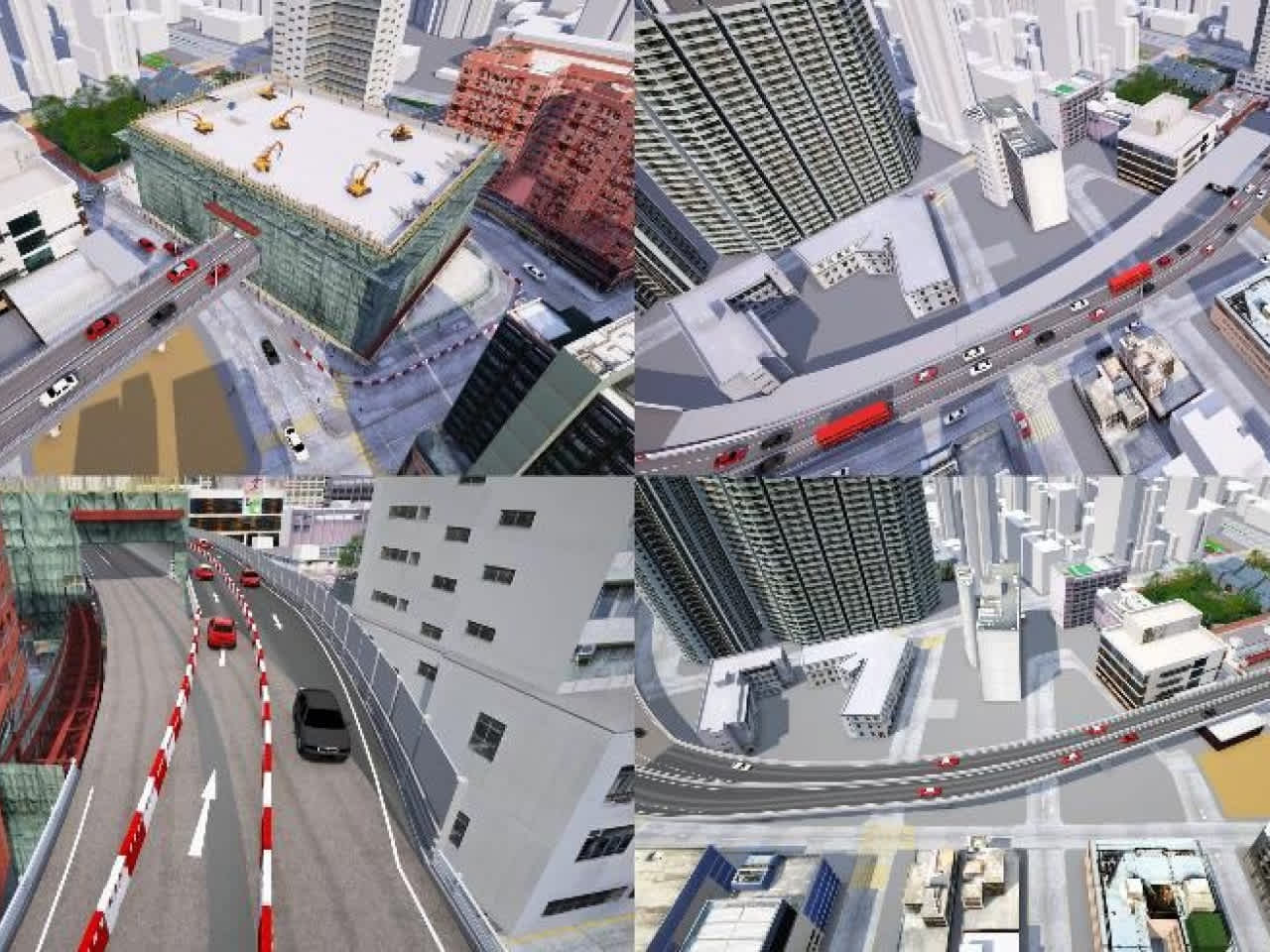 An architectural rendering of a highway construction project in a dense urban area