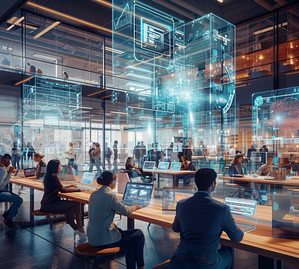 A futuristic open-plan office showcases integrated holographic displays and data visualizations, depicting a highly digital and collaborative workspace