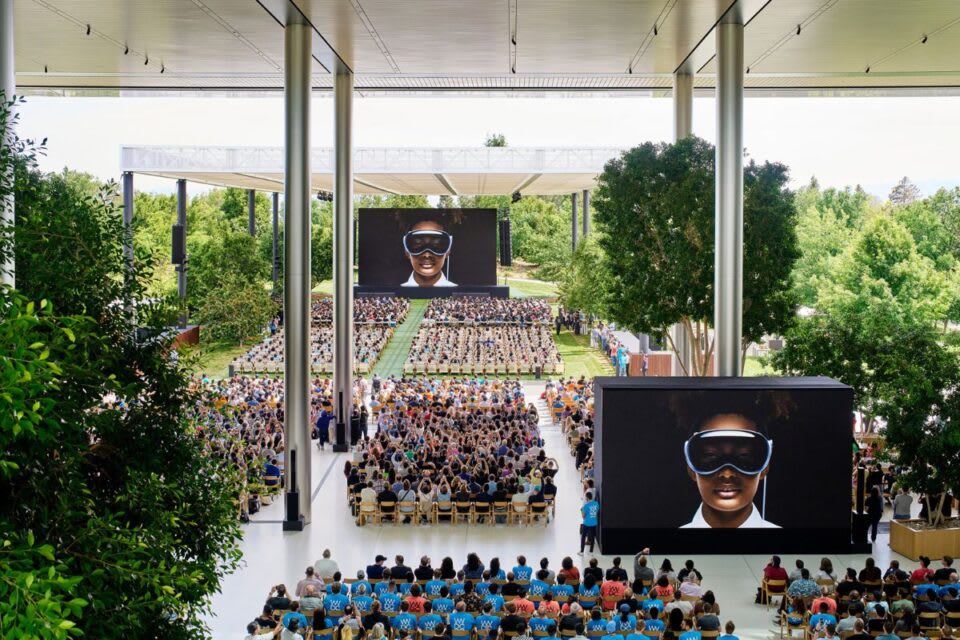 Keynote stage at Apple Park during WWDC event.