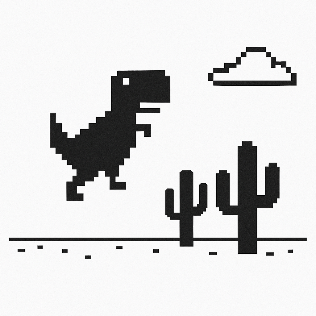 Chrome T-Rex style side-scrolling game with a dinosaur jumping over cacti obstacles