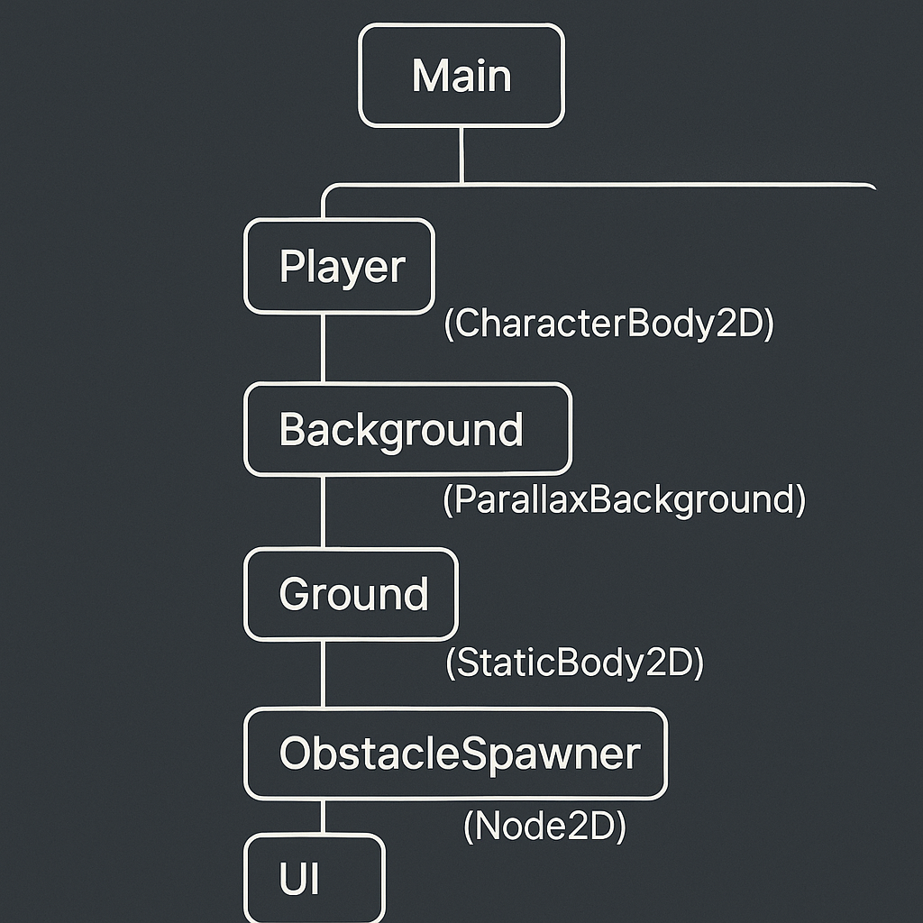 Godot node tree structure diagram for a side-scrolling T-Rex style game