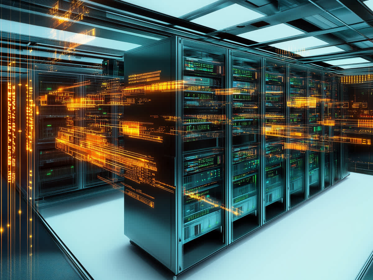 An abstract visualization of data processing within a modern data center with glowing server racks