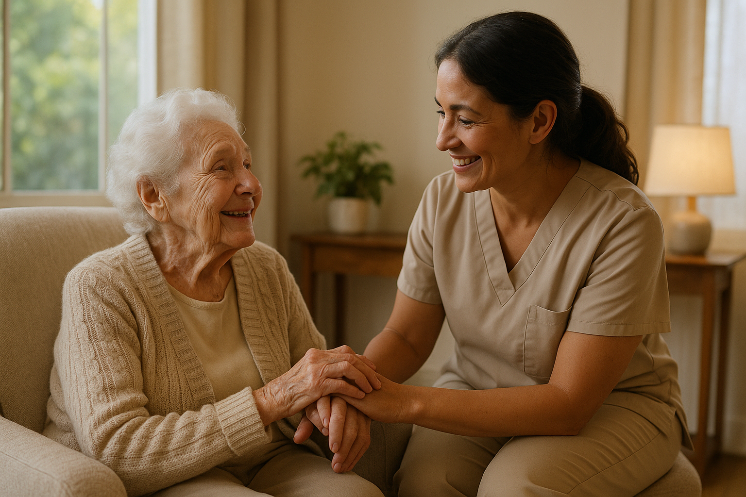 Image of elderly care with a caregiver in a warm and peaceful setting